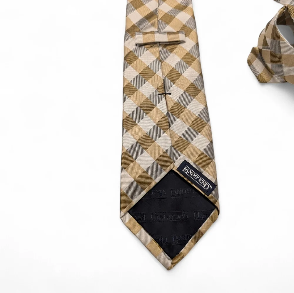 LANDS END Vintage Silk Tie Long Tan Cream Check Necktie Classic